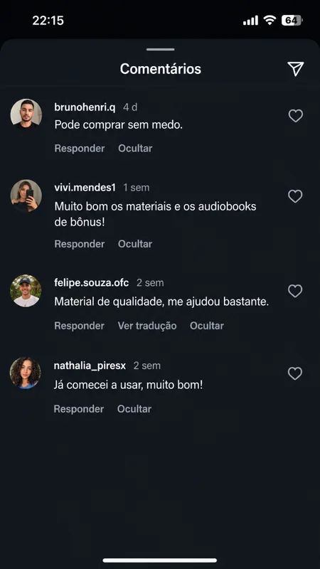 Depoimento de cliente no Instagram sobre os materiais e bônus