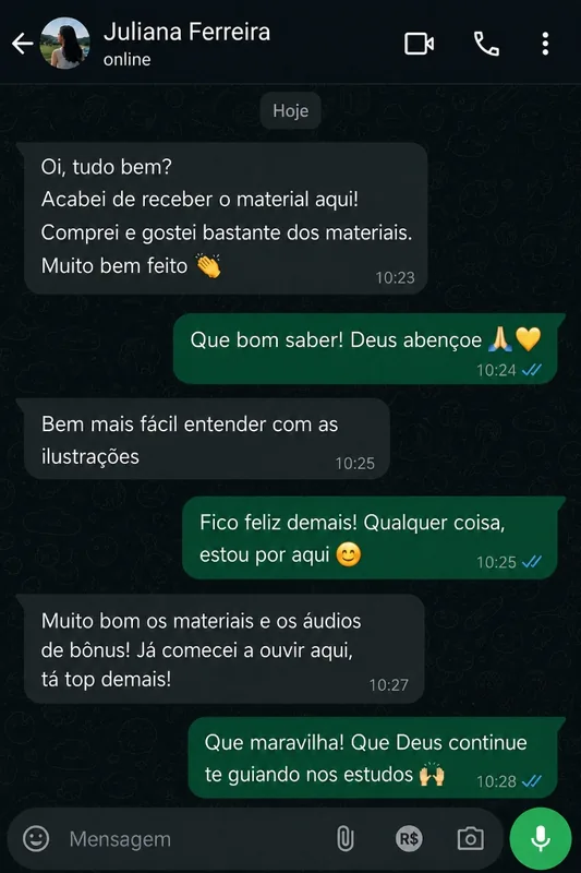 Conversa de WhatsApp com feedback da cliente Juliana Ferreira